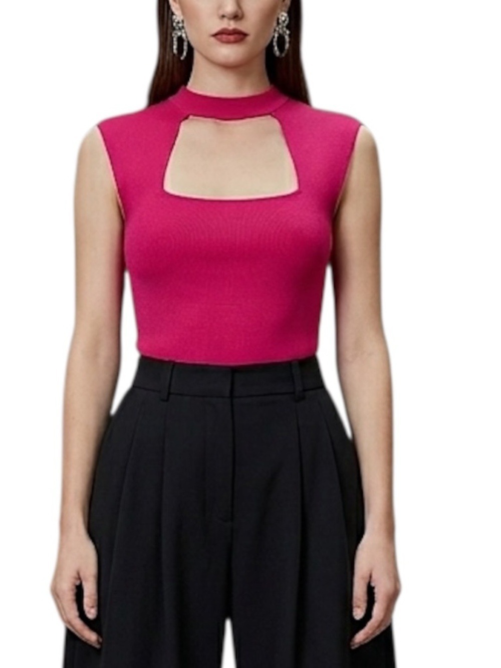 Y2K style hot pink knit high neck cut out cap sleeve fitted bodycon top